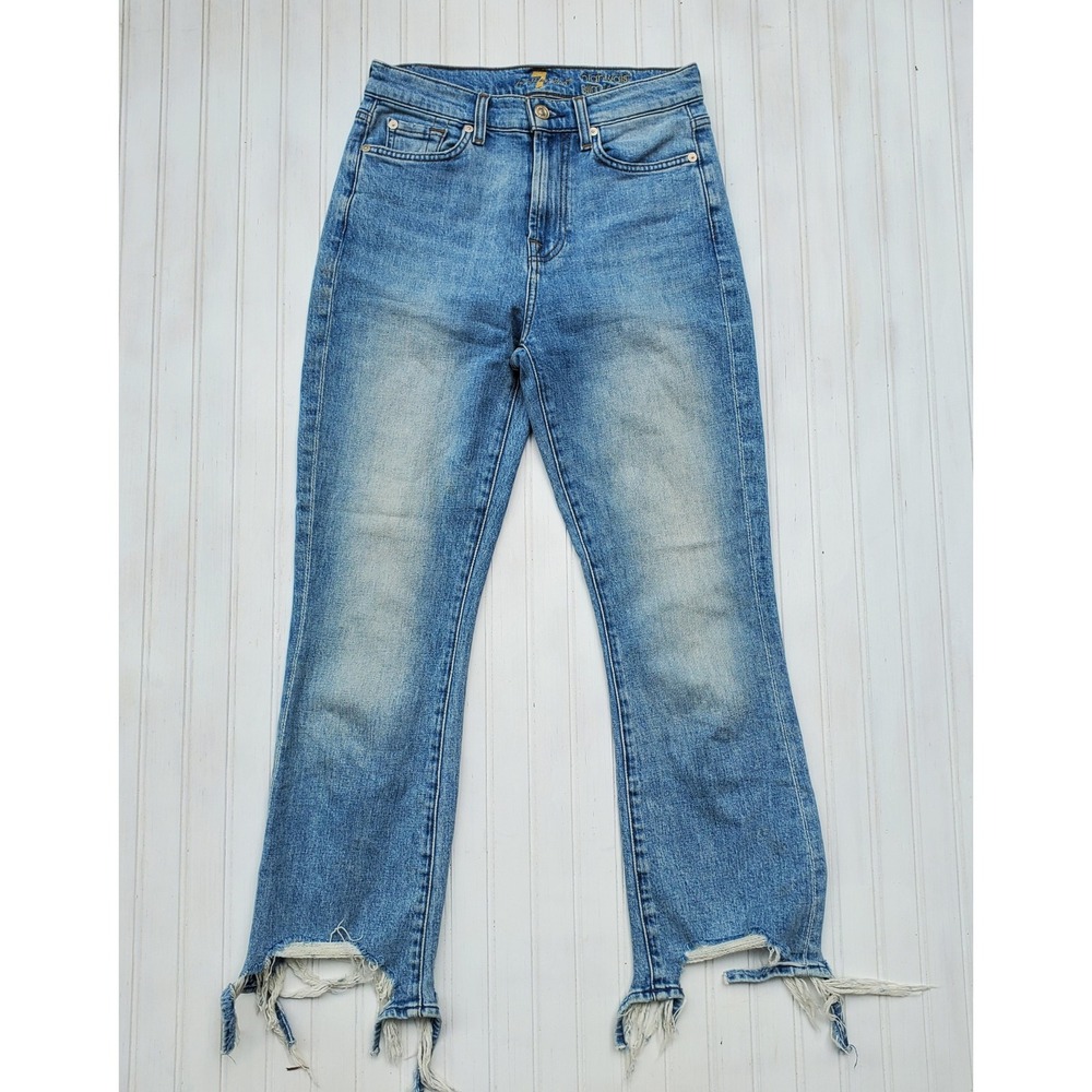 7 For All Mankind High Waist Slim Kick Jeans Distressed Raw Step Hem Blue 26